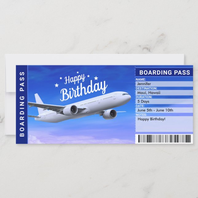 Pase de embarque sorpresa de cumpleaños regalo bil (Anverso)