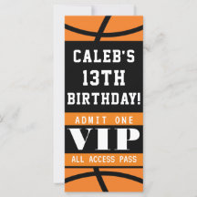 Pase VIP de cumpleaños negro naranja baloncesto