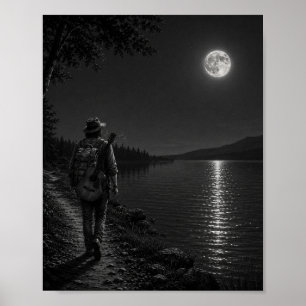 Paseante junto al lago a la luz de la luna Póster