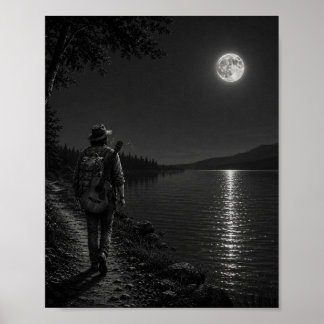 Paseante junto al lago a la luz de la luna Póster 