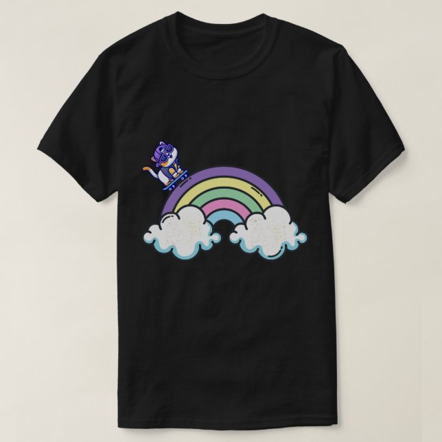 Paseo en arco iris: La camiseta del gato Skateboar (Diseño del anverso)