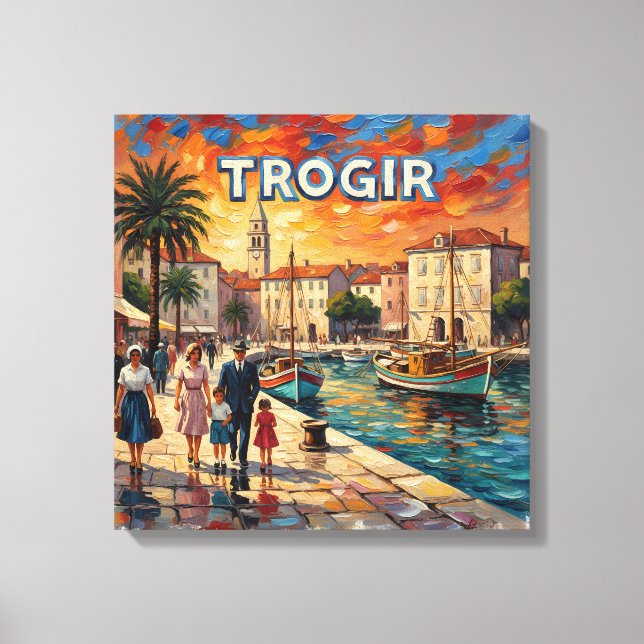 Paseo marítimo al atardecer en Trogir sobre lienzo (Anverso)