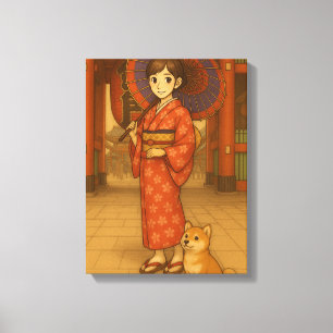 Paseo por Japón: Chica de kimono y arte de perro s