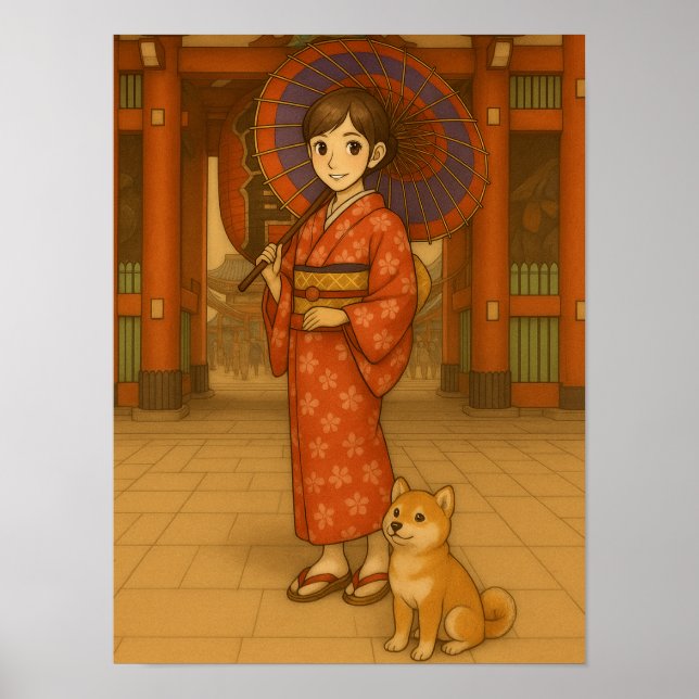 Paseo por Japón: Chica Kimono y arte de perro shib (Frente)