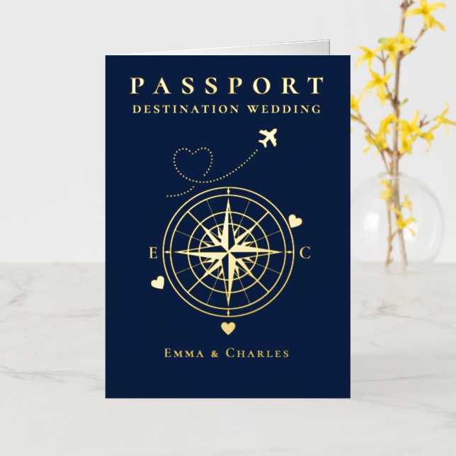 Passport Navy Blue Gold Wedding Save The Date (flor amarilla)