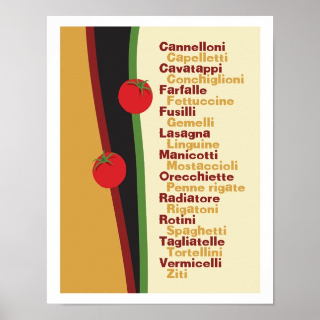 Pasta Names Kitchen poster de arte (Frente)