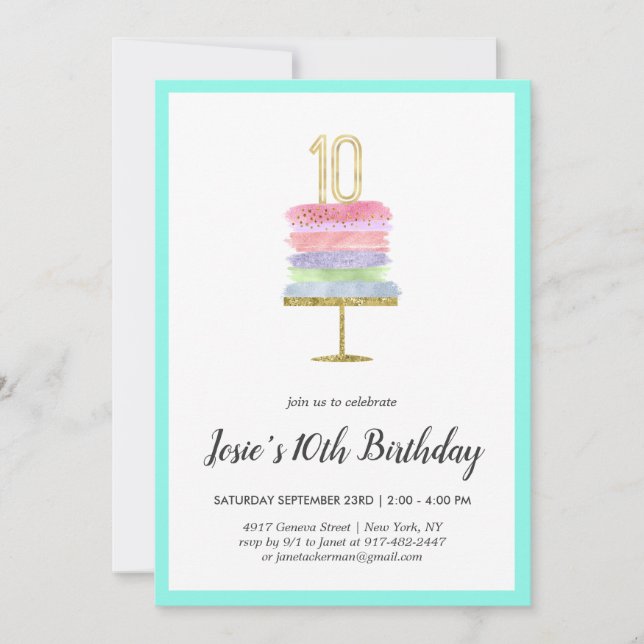 Pastel Arcoíris | Invitación para décimo cumpleaño (Anverso)
