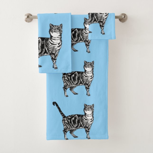 Pastel Azul Tabby Cat Gatos Chicas Set de toallas  (In situ)