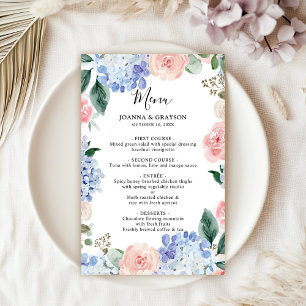 Pastel azul turbio Hidrángulos rosados Menú Boda