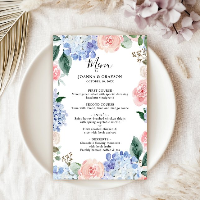 Pastel azul turbio Hidrángulos rosados Menú Boda (Dusty blue hydrangeas pastel pink roses wedding menu)