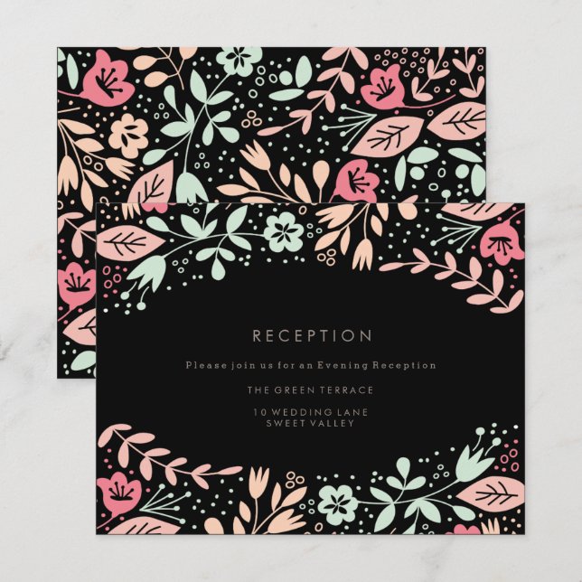 Pastel Black Modern Floral Wedding Tarjeta de rece (Anverso / Reverso)