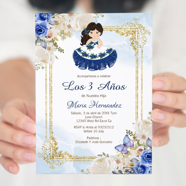 Pastel Blue 4 Chica mexicana Tres Anos Invitación (Subido por el creador)