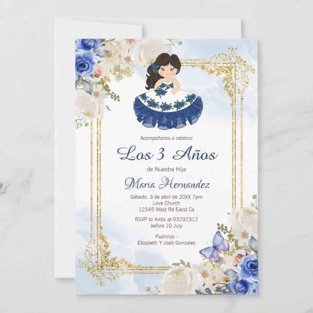 Pastel Blue Chica mexicana Tres Anos Invitación