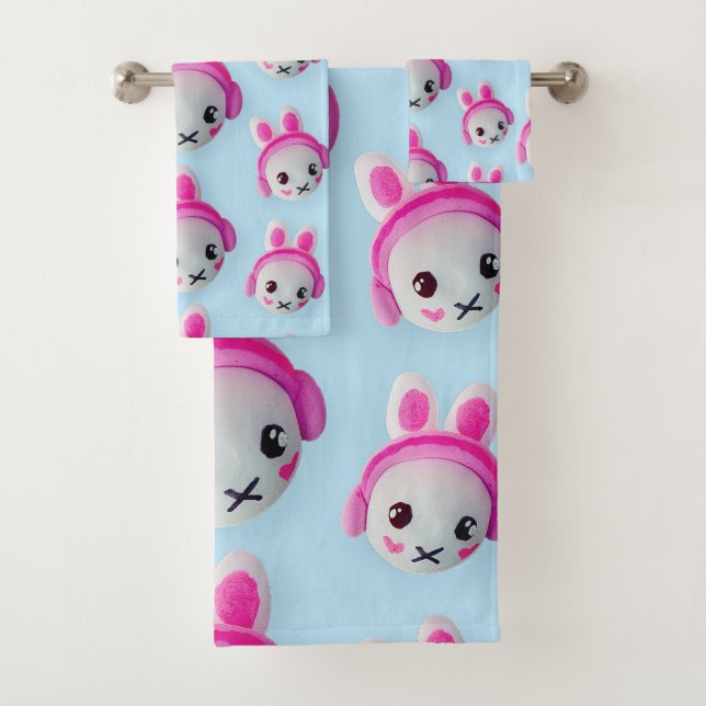 Pastel Blue & Pink Cartoon Bunny Towel (In situ)