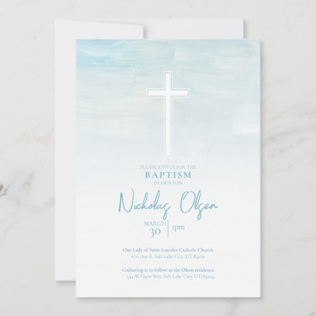 Pastel Blue Watercolor Bebé Baptismo Invitación (Anverso)