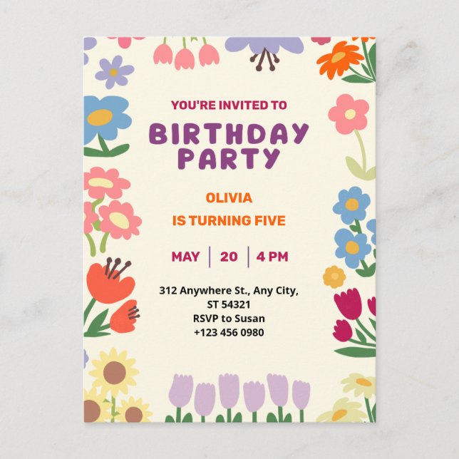 Pastel Bosteano Floral Cumpleaños Cinco Postales (Anverso)