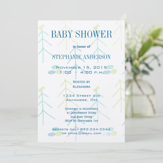Pastel Cute Pines Bird Boy Shower Invitaciones (Anverso de pie)