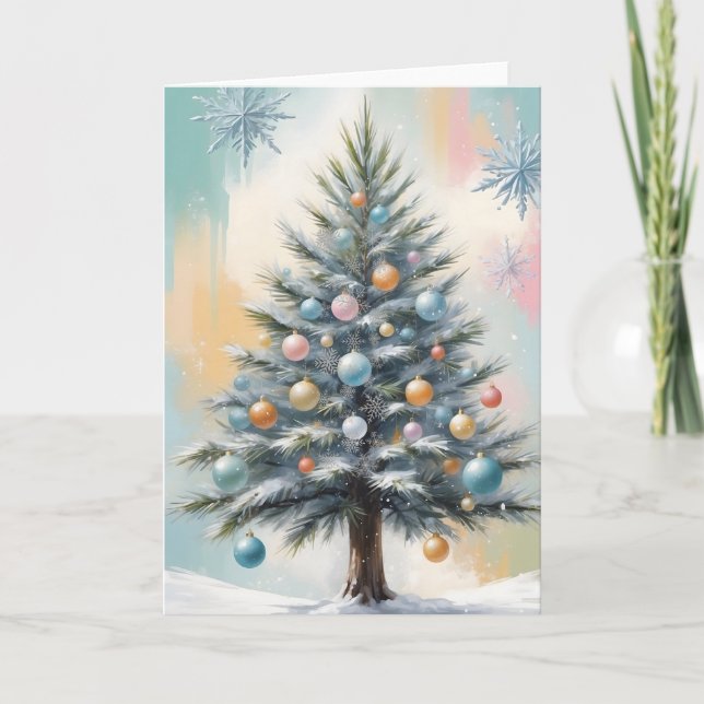 Pastel de árbol de Navidad con ornamentos y copos  (Anverso)