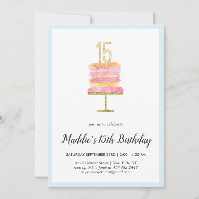 Pastel de arcoiris | 15.ª invitación de cumpleaños (Anverso)
