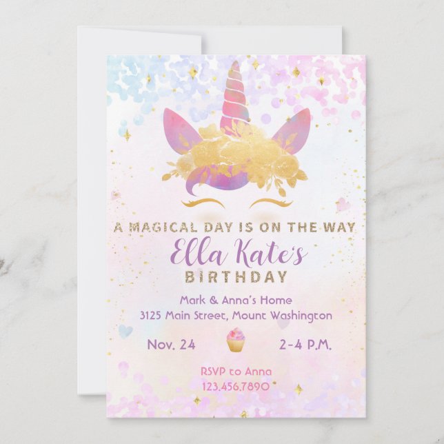 Pastel de invitación de cumpleaños de Unicornio má (Anverso)