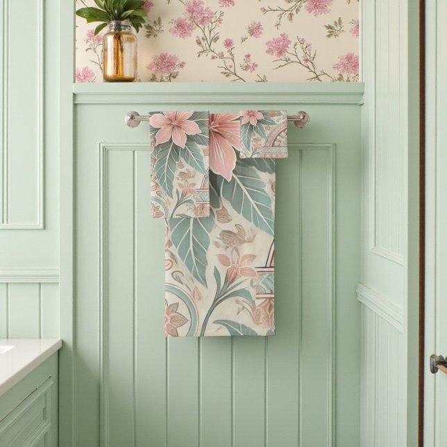 Pastel de verano de primavera Floral de batik indo (Spring Summer Pastel Indonesian Batik Floral Bath Towel Set)