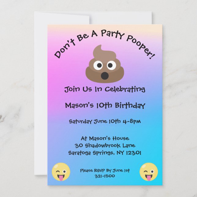 Pastel Fiesta Pooper Emoji Invitación de cumpleaño (Anverso)