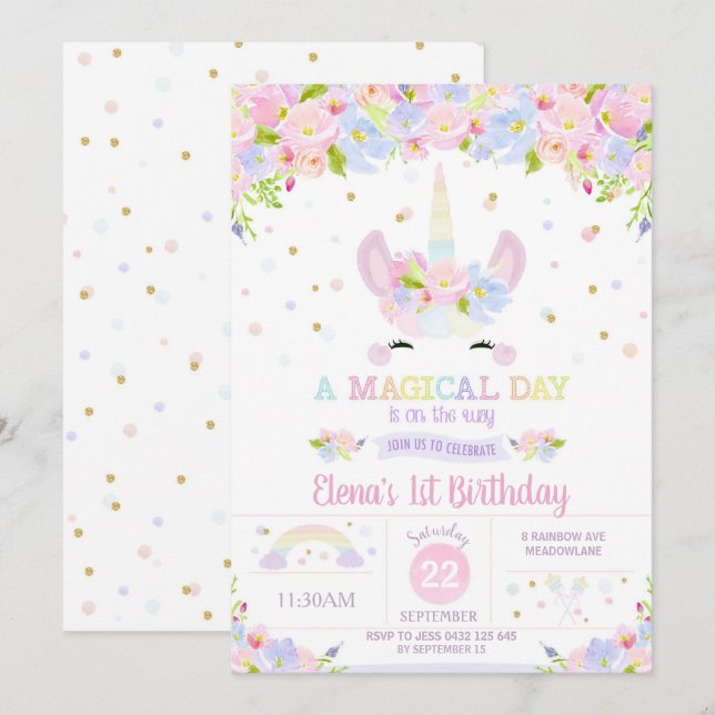Pastel floral de la invitación del cumpleaños del (Anverso / Reverso)