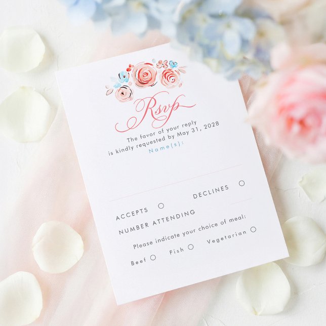 Pastel Flowers Whimsical Elegant Wedding RSVP Card (Dusty Blue and Pink Floral Wedding RSVP Card)