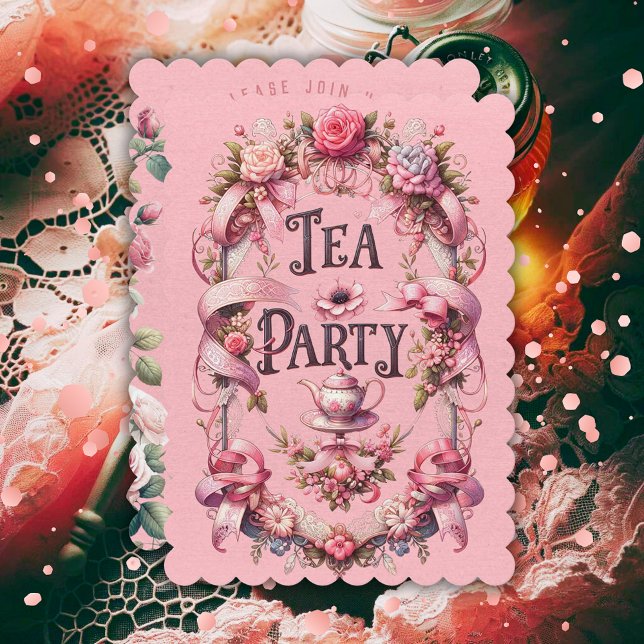 Pastel Gótico Tea Fiesta Invitación de cumpleaños (birthday tea party invitation teapot tea cups roses coquette aesthetic girly pink ribbons lace)