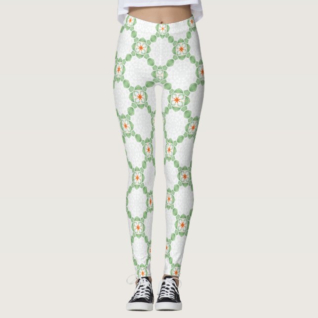 Pastel Green & Orange Floral Leaf Pattern Leggings (Anverso)