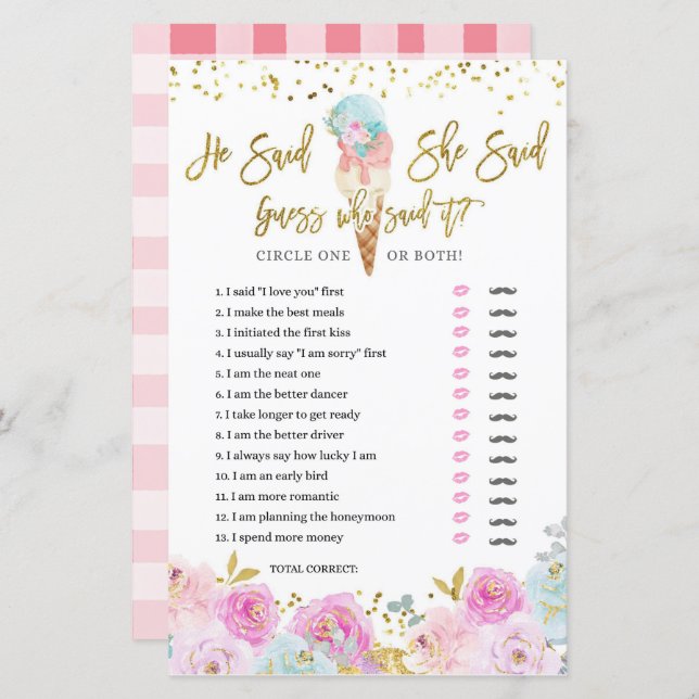 Pastel Ice Cream Floral Dijo que dijo Tarjeta de J (Anverso / Reverso)