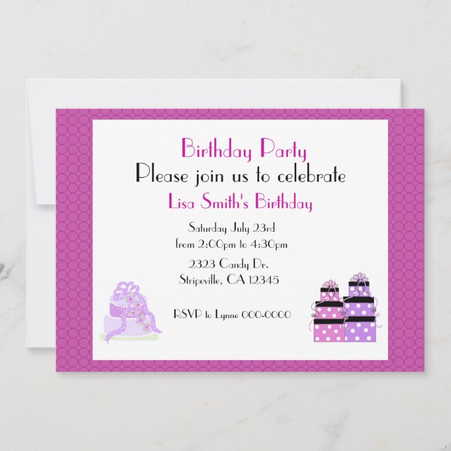 Pastel morado y presentación invitaciones de fiest (Anverso)