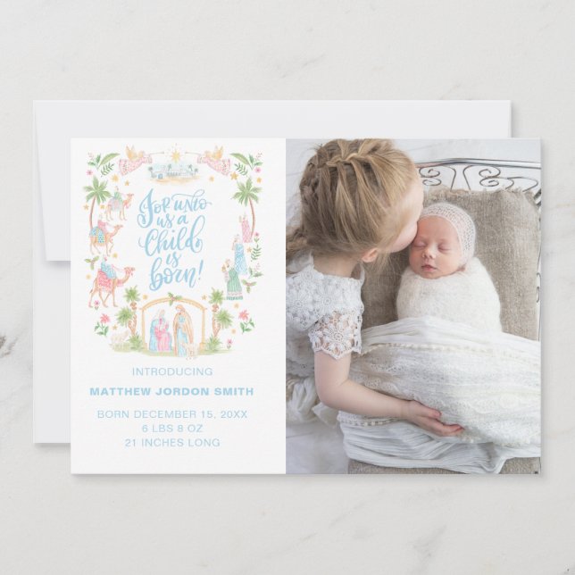 Pastel Nativity Baby Announcement Photo Card (Anverso)