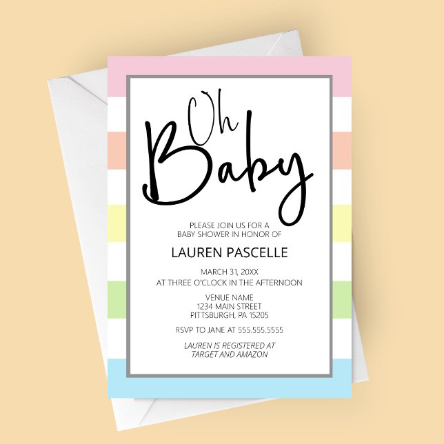 Pastel Oh Bebé, Invitación Baby Shower (Oh Baby Pastel Stripes Baby Shower Invitation)