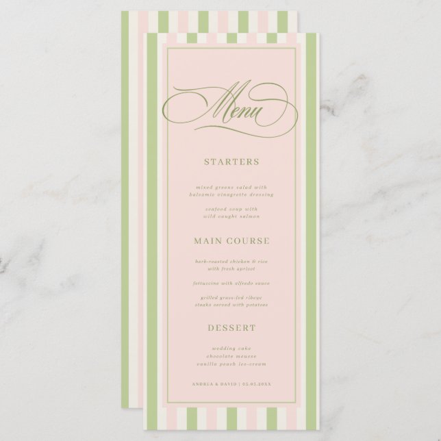Pastel Pink & Green Stripes Retro Wedding Menu (Anverso / Reverso)