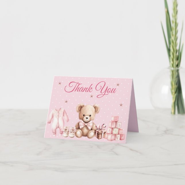 Pastel Pink Teddy Bear Baby Shower Thank You (Anverso)