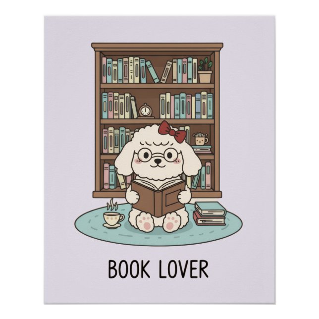 Pastel Poodle Puppy Dog with Books Glossy Poster (Anverso)