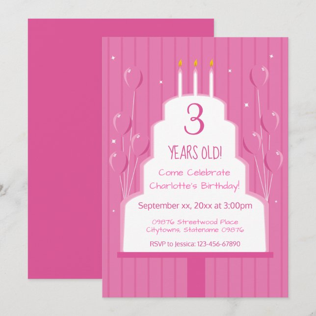 Pastel rosa de cumpleaños y globos| Invitación (Anverso / Reverso)