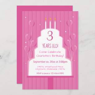 Pastel rosa de cumpleaños y globos Invitación