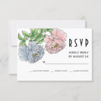 Pastel rosa, flores de peonía azul boda RSVP