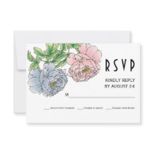 Pastel rosa, flores de peonía azul boda RSVP