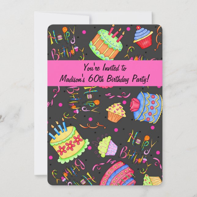 Pastel rosa negro caliente Invitación a los 60 año (Anverso)