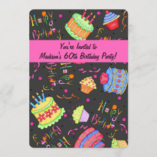 Pastel rosa negro caliente Invitación a los 60 año