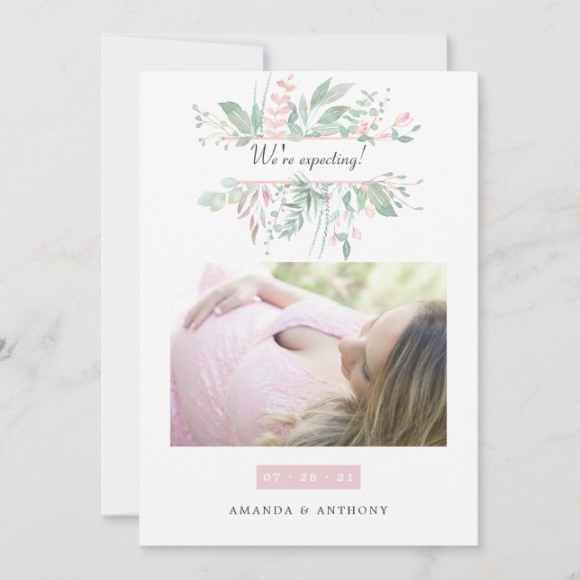Pastel Rubor Greenery Foto Invitación del embarazo (Anverso)