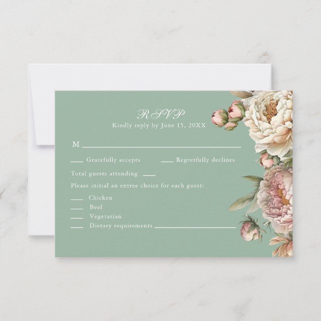 Pastel Sage Green and Blush Pink Peonies RSVP Card (Anverso)