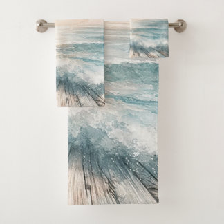 Pastel Watercolor Blue Beach Ocean Wood