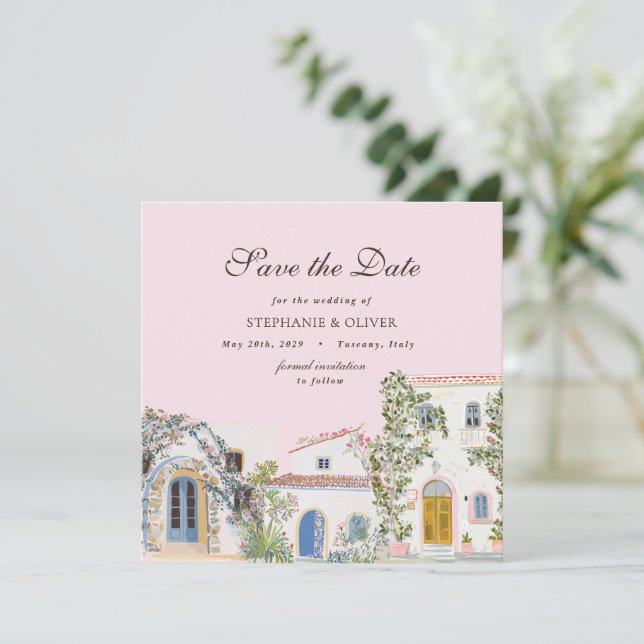 Pastel Watercolor Mediterranean Save The Date (Anverso de pie)