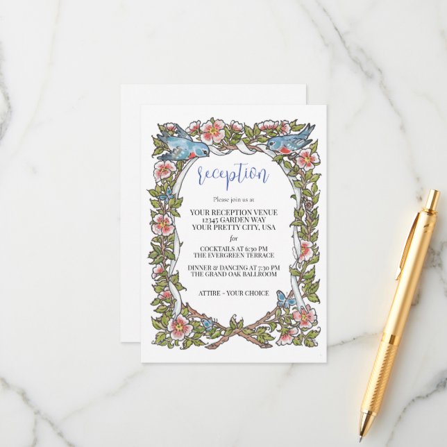 Pastel Wildflower Bird Border Wedding Recepción (Anverso/Reverso In Situ)