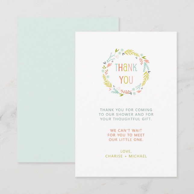 Pastel Wreath baby ducha nota de agradecimiento (Anverso / Reverso)