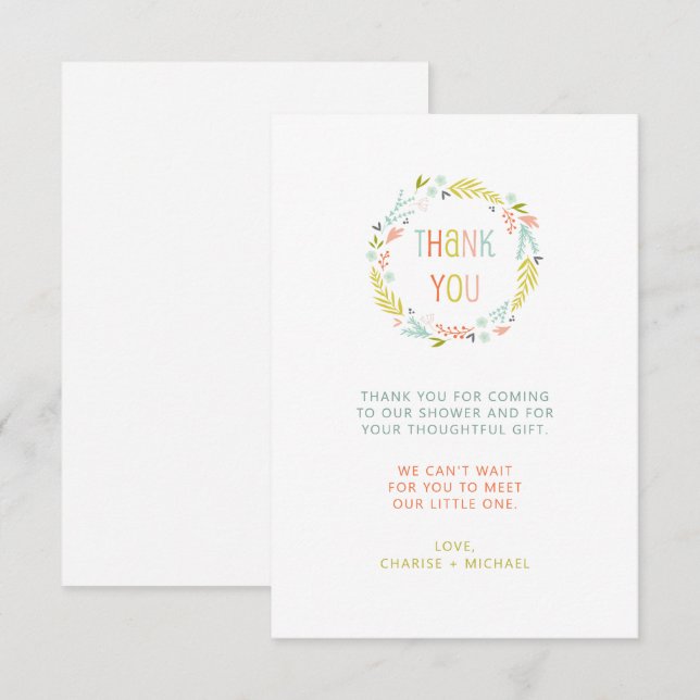 Pastel Wreath baby ducha nota de agradecimiento (Anverso / Reverso)